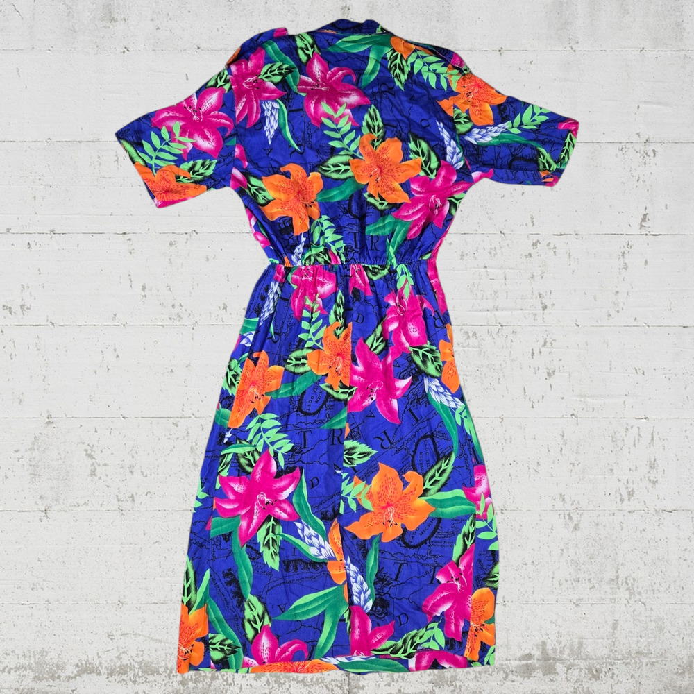 70s Vintage Blue Tropical Floral Island Midi Blouson Dress USA Made Size 6 - Picture 11 of 12
